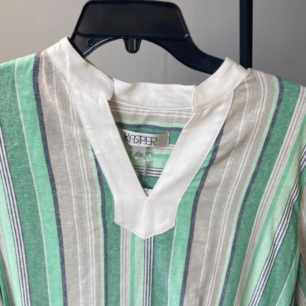Kasper top print stripes pattern blouse linen blend career business casual L - Picture 5 of 17